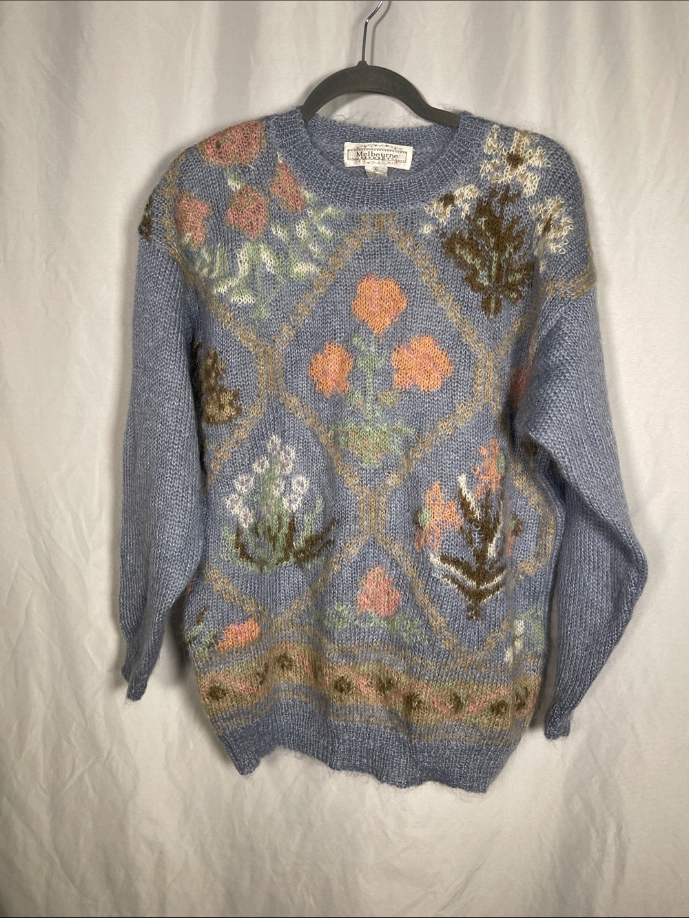 MELBOURNE ELEMENTS WOMENS MOHAIR WOOL VINTAGE FLORAL BLUE SWEATER MEDIUM
